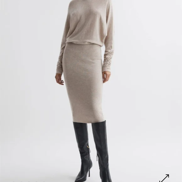 REISS Leila Ruched Sleeve Midi Dress in neutral, size L EUC, worn twice! - Picture 1 of 5